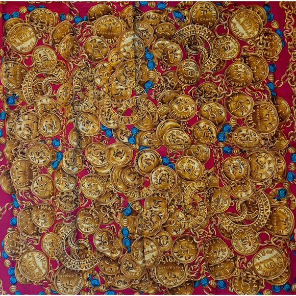 Chanel (Authentic) Red & Gold Jewel Motif 100% Silk Large 34" Vintage Scarf EUC - Picture 3 of 9